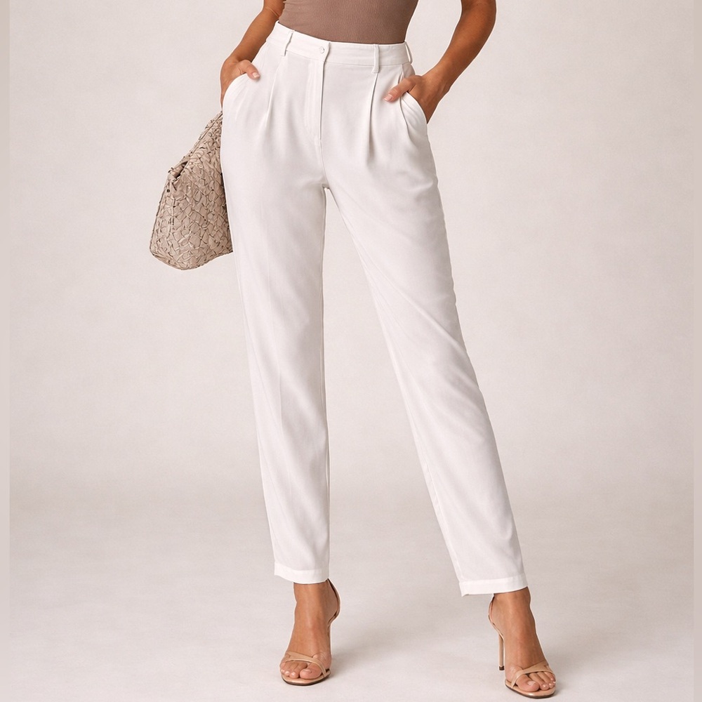 Akris Punto Pleated Trousers Size 10 White Tailored Effortless Elegant Classic